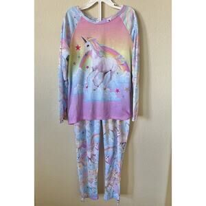 Unicorn Rainbows Clouds Stars Raglan Long Sleeve Top Pants Pajama Set Size M 7/8